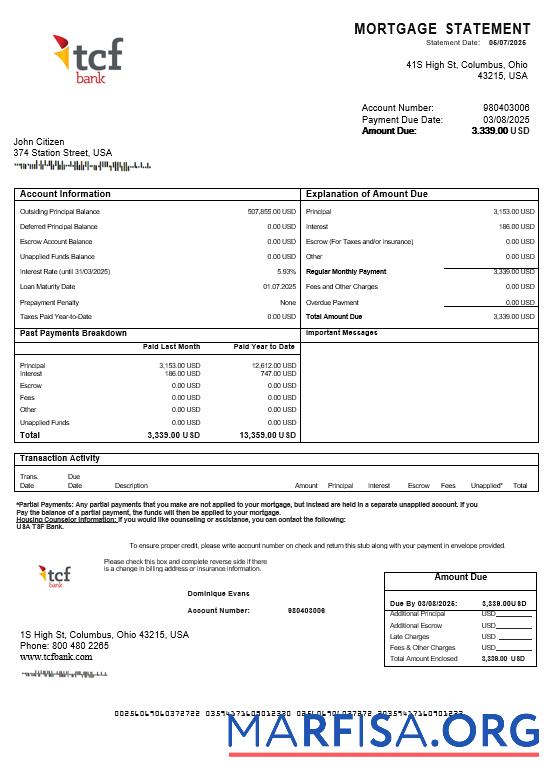 Downloadable USA TCF Bank mortgage statement in Word and PDF formats sample
